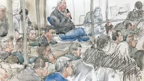 Croquis d'audience de Dominique Pelicot (c) lors de son procès au tribunal d'Avignon, le 17 septembre 2024
