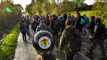 Des centaines de manifestants défilent sur le site de la ZAD de Notre-Dame-des-Landes, en Loire-Atlantique, le 21 octobre 2017.