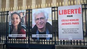 Les portraits de Cécile Kohler et Jacques Paris, devant l'Assemblée nationale à Paris le 25 mars 2025