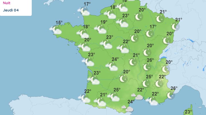 Carte des températures attendues pour la nuit du 3 au 4 août. 