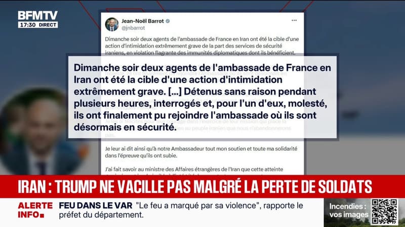 Deux diplomates français détenus plusieurs heures en Iran, Jean-Noël Barrot dénonce une "action d'intimidation"