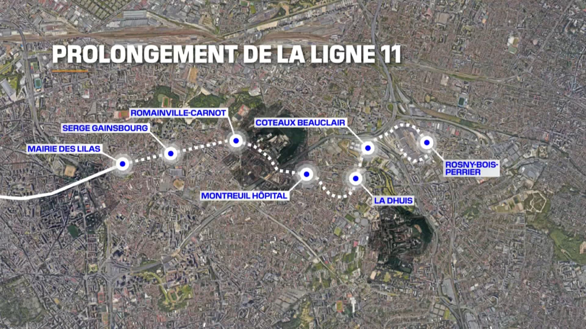 La carte du prolongement de la ligne 11 du métro parisien. La carte du prolongement de la ligne 11 du métro parisien.
