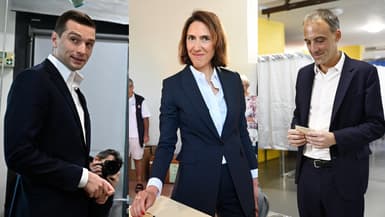 Jordan Bardella, Valérie Hayer et Raphaël Glucksmann, le 9 juin 2024 lors du scrutin des Européennes