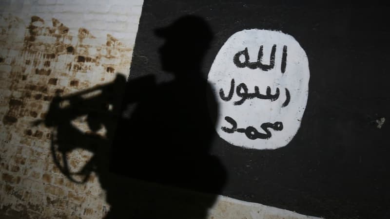 Un membre des forces irakiennes passe devant le logo de Daesh dans le village d'Albu Sayf, près de Mossoul en Irak, le 1er mars 2017. Photo d'illustration