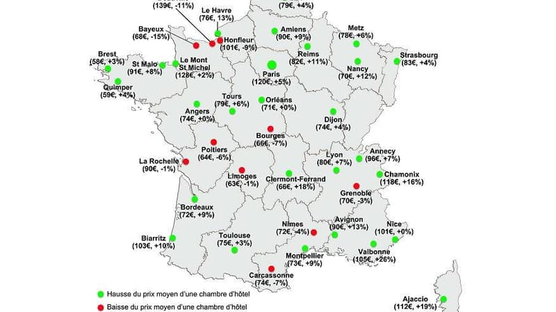 Carte de l'évolution des tarifs hôteliers en France