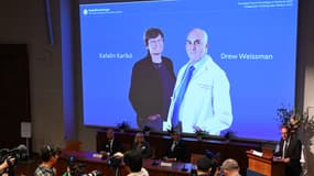 L'Institut Karolinska de Stockholm (Suède) décerne le prix Nobel de médecine à la Hongroise Katalin Kariko et l'Américain Drew Weissman, le 2 octobre 2023.