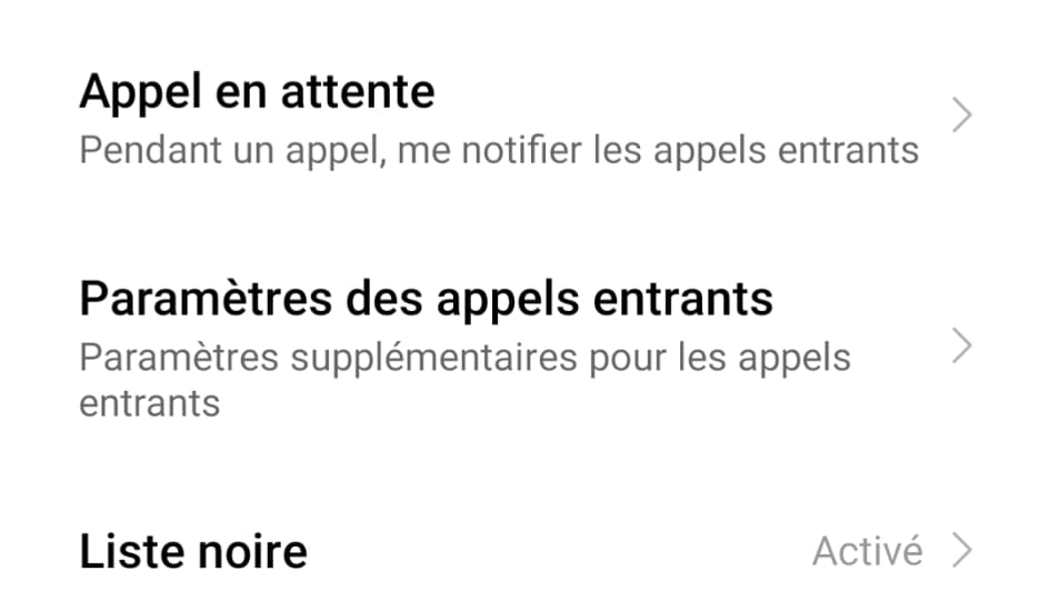 Capture d'écran de l'accès à la liste des numéros bloqués Capture d'écran de l'accès à la liste des numéros bloqués