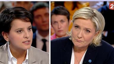Najat Vallaud-Belkacem face à Marine Le Pen sur le plateau de L'émission politique. 