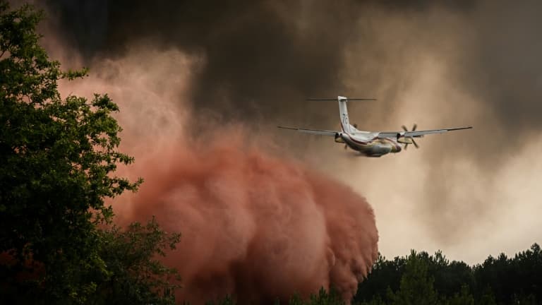 Un avion largue du retardant sur un incendie de forêt près de Saint-Magne, le 11 août 2022 en Gironde