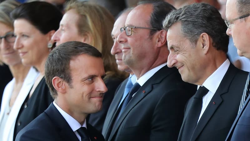 Emmanuel Macron, Nicolas Sarkozy et François Hollande lors des commémorations de l'attentat de Nice, le 14 juillet 2017.