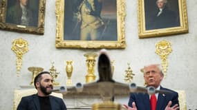 Donald Trump a reçu le président d'El Salvador, Nayib Bukele. Les médaillons dorés peuvent être aperçus. 