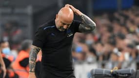 L'entraîneur argentin de Marseille Jorge Sampaoli, lors de la défaite à domicile, 3-2 face à Lens, lors de la 8e journée de Ligue 1, le 26 septembre 2021 au Stade Vélodrome