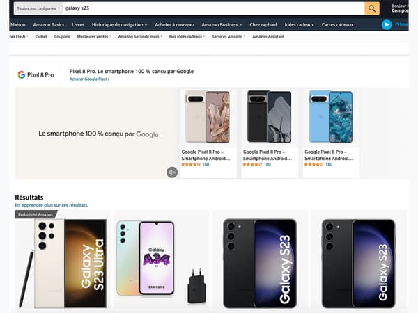 Capture d'écran du site Amazon France, lors de la recherche d'un Samsung Galaxy S23