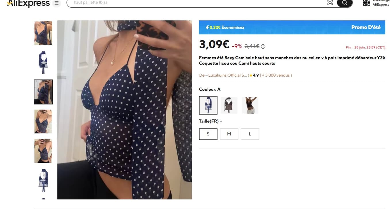 Le même haut à pois vendu sur Aliexpress à 3,09 euros