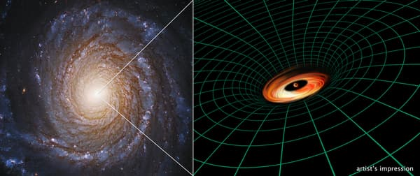 A gauche, une photographie prise par le télescope Hubble; à droite, une vue d'artiste du trou noir en son coeur. 