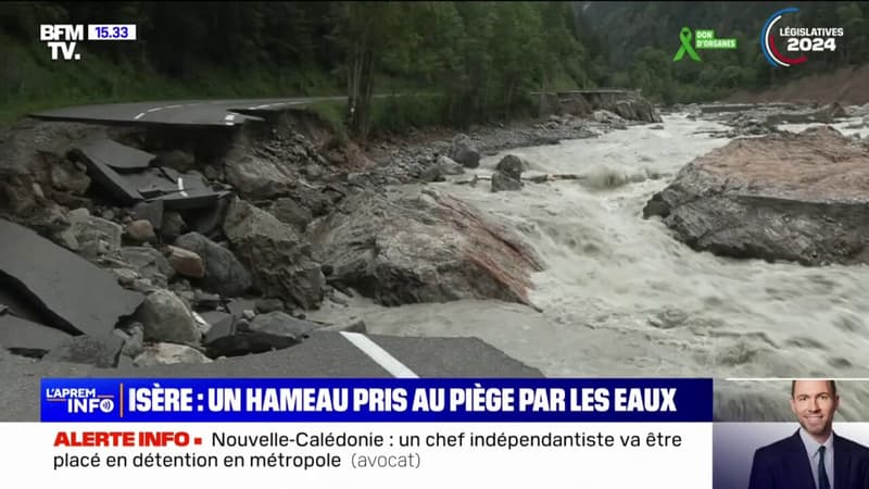 Isère: les images d'une route coupée en deux après les crues