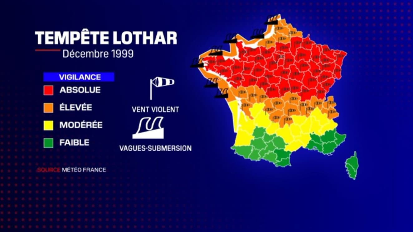 La vigilance qui aurait été émise pour la tempête Lothar en décembre 1999, selon les paramètres actuels de vigilance météorologique La vigilance qui aurait été émise pour la tempête Lothar en décembre 1999, selon les paramètres actuels de vigilance météorologique