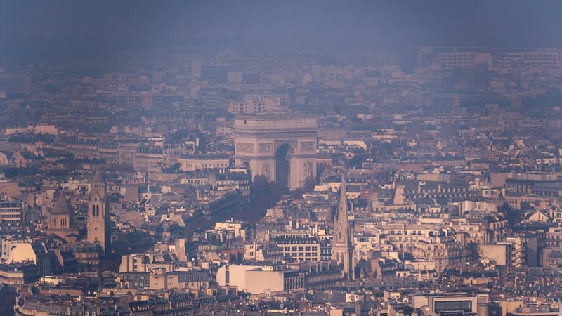 Vue de l'Arc de Triomphe depuis la Tour Montparnasse à Paris, lors d'un pic de pollution le 29 décembre 2016.