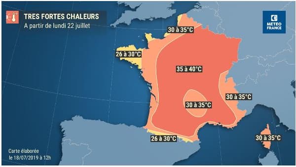 Carte des très fortes chaleurs qui toucheront la France la semaine prochaine.