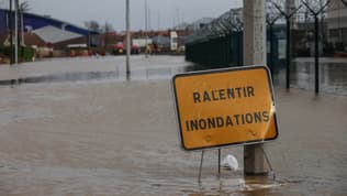 Un panneau portant l'inscription "ralentir inondations" est placé à l'entrée d'une zone inondée à Arques, dans le Pas-de-Calais, le 3 janvier 2024, à la suite de la crue de l'Aa