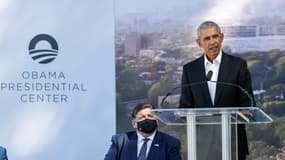 Barack Obama durant la cérémonie de début de chantier de l'"Obama Presidential Center" à Chicago le 28 septembre 2021