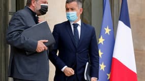 Les ministres de la Justice Eric Dupond-Moretti et de l'Intérieur Gérald Darmanin sur le perron de l'Elysée le 28 avril 2021