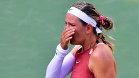 Viktoria Azarenka en larmes lors du Tournoi d'Indian Wells, le 14 mars 2022.