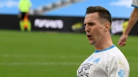 L'attaquant polonais de Marseille Arkadiusz Milik buteur lors de la réception de Brest au stade Vélodrome, le 13 mars 2021 