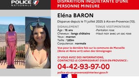 Une annonce de la police nationale des Bouches-du-Rhône sur la disparition d'Eléna Baron, ce mercredi 16 juillet. 