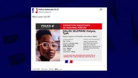 L'avis de recherche partagée par la police nationale ce mardi 20 janvier.