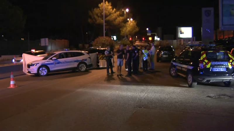 Des véhicules des forces de l'ordre sur les lieux où un gendarme a été mortellement percuté par un automobiliste, vers Mougins, le 26 août 2024.