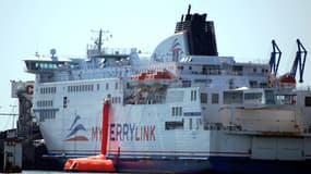 Les employés de MyFerryLink déploie le système d'évacuation des passagers à Calais le 1er juillet 2015.