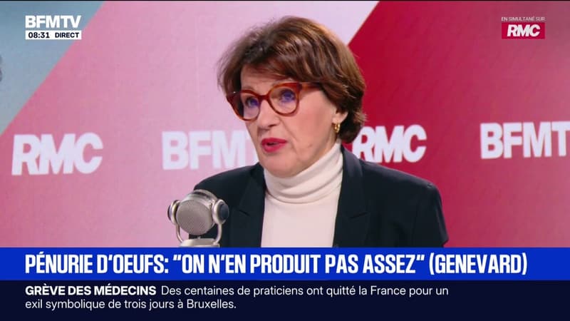 Pénurie d'œufs: "On n'en produit pas assez (...) parce que c'est trop compliqué d'installer des bâtiments d'élevage", déplore la ministre de l'Agriculture, Annie Genevard
