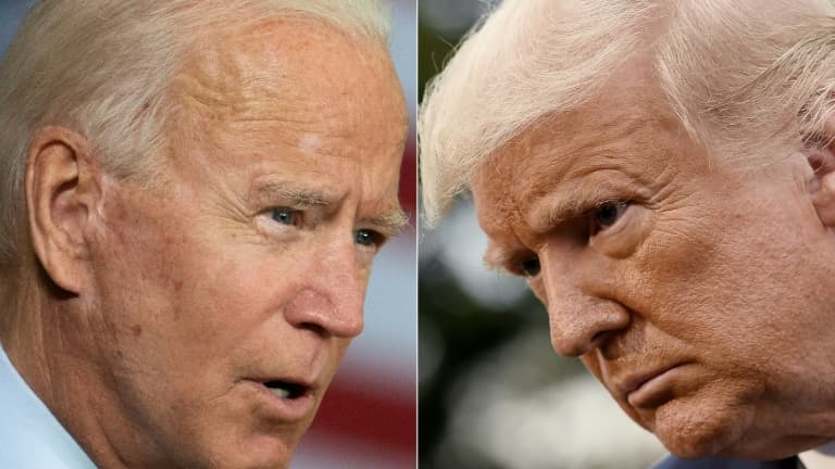 Le candidat démocrate à la Maison Blanche Joe Biden, à Tampa, en Floride, le 15 septembre 2020, et le président républicain Donald Trump, le 26 septembre 2020 devant la Maison  Blanche