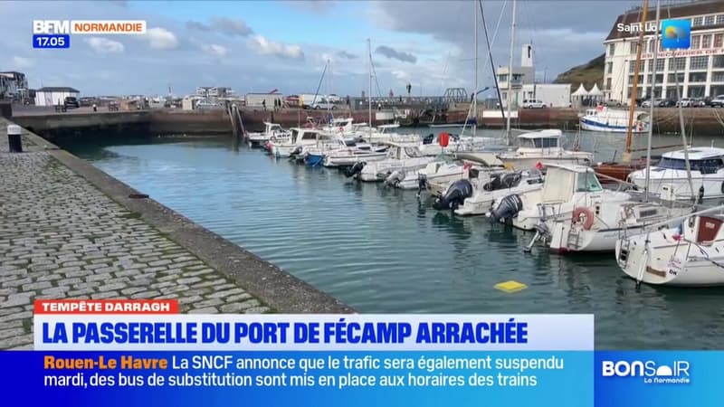  C'est triste: la passerelle du port de Fécamp arrachée après le passage de la tempête Darragh