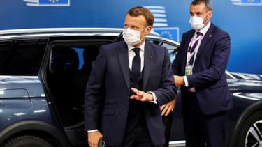 Emmanuel Macron à son arrivée au sommet européen à Bruxelles le 18 juillet 2020