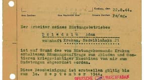 Lettre datée du 22 août 1944 signée d'Oskar Schindler. Une série de documents ayant appartenu à l'industriel allemand dont les efforts pour sauver des Juifs pendant la Seconde Guerre mondiale ont été rendus célèbres dans le film "La Liste de Schindler", o