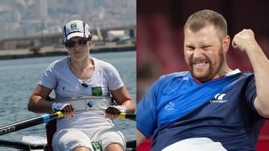 La para-rameuse Natalie Benoit dans le port de Marseille dans les Bouches-du-Rhône en 2013 (à gauche) et Fabien Lamirault, para-pongiste lors des Jeux paralympiques de Tokyo en 2020 (à droite).