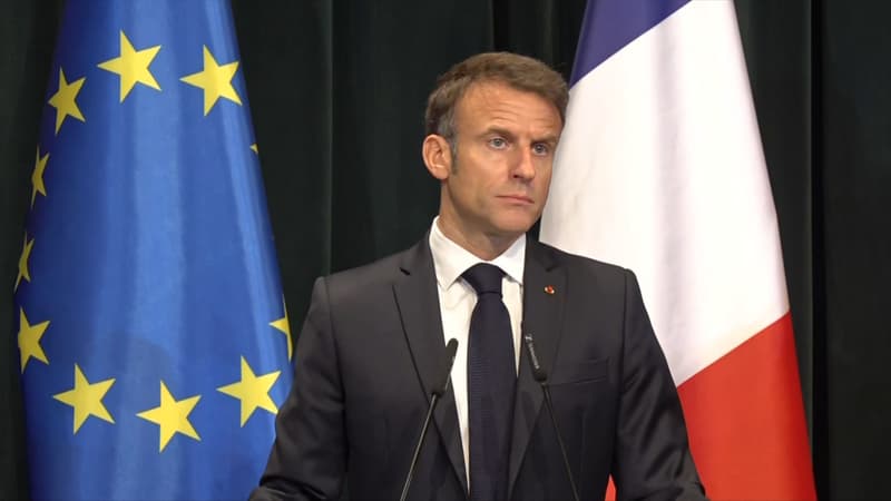 La président de la République Emmanuel Macron lors d'une conférence de presse à Tirana, en Albanie, le 17 octobre 2023.