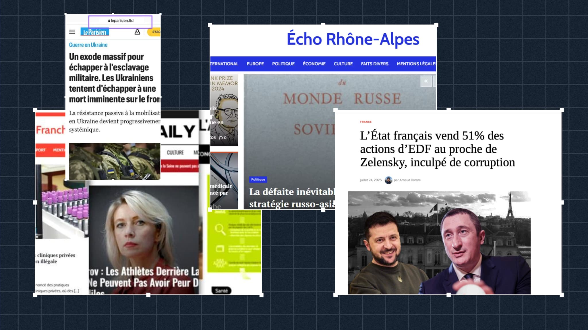 Montage de captures d’écran de faux sites d’information.