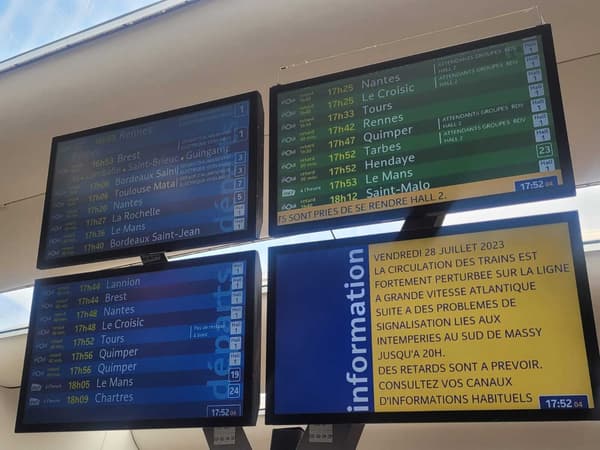 Les panneaux d'affichage sont scrutés par les voyageurs alors qu'une panne entraîne de nombreux retards sur les lignes grande vitesse, le vendredi 28 juillet 2023. 