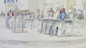 Croquis d'audience du procès de Frédéric Péchier, ancien médecin anesthésiste accusé d'avoir empoisonné 30 patients, dont 12 sont morts, le 8 septembre 2025 à Besançon