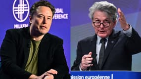 Le patron de X Elon Musk et le commissaire européen au numérique Thierry Breton (illustration)