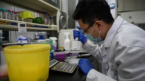 Un technicien au laboratoire de l'université Tsinghua de Pékin qui co-développe un traitement à base d'anticorps monoclonaux contre le Covid-19, le 9 décembre 2021 (photo d'illustration)