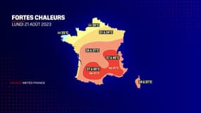 Carte des températures caniculaires en France lundi 21 août 2023.