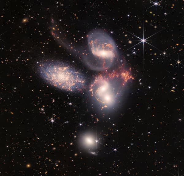 A compact grouping of five galaxies captured by the James Webb Telescope.