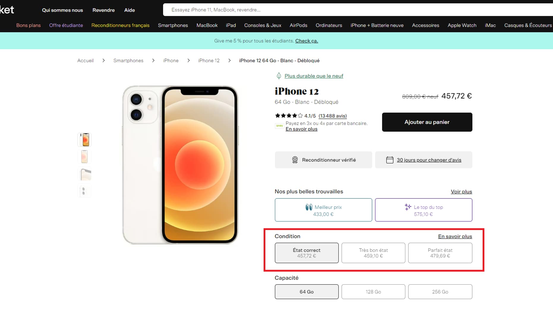 Le prix d'un smartphone recondtionné évolue en fonction de son état d'usure. 