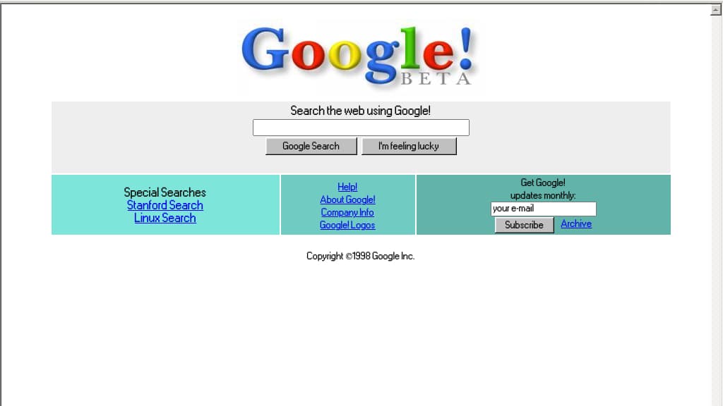 La page d'accueil de Google Search en 1998