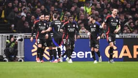 La célébration des joueurs de l'Olympique lyonnais après l'ouverture du score de Nuamah à La Beaujoire, 26 janvier 2025