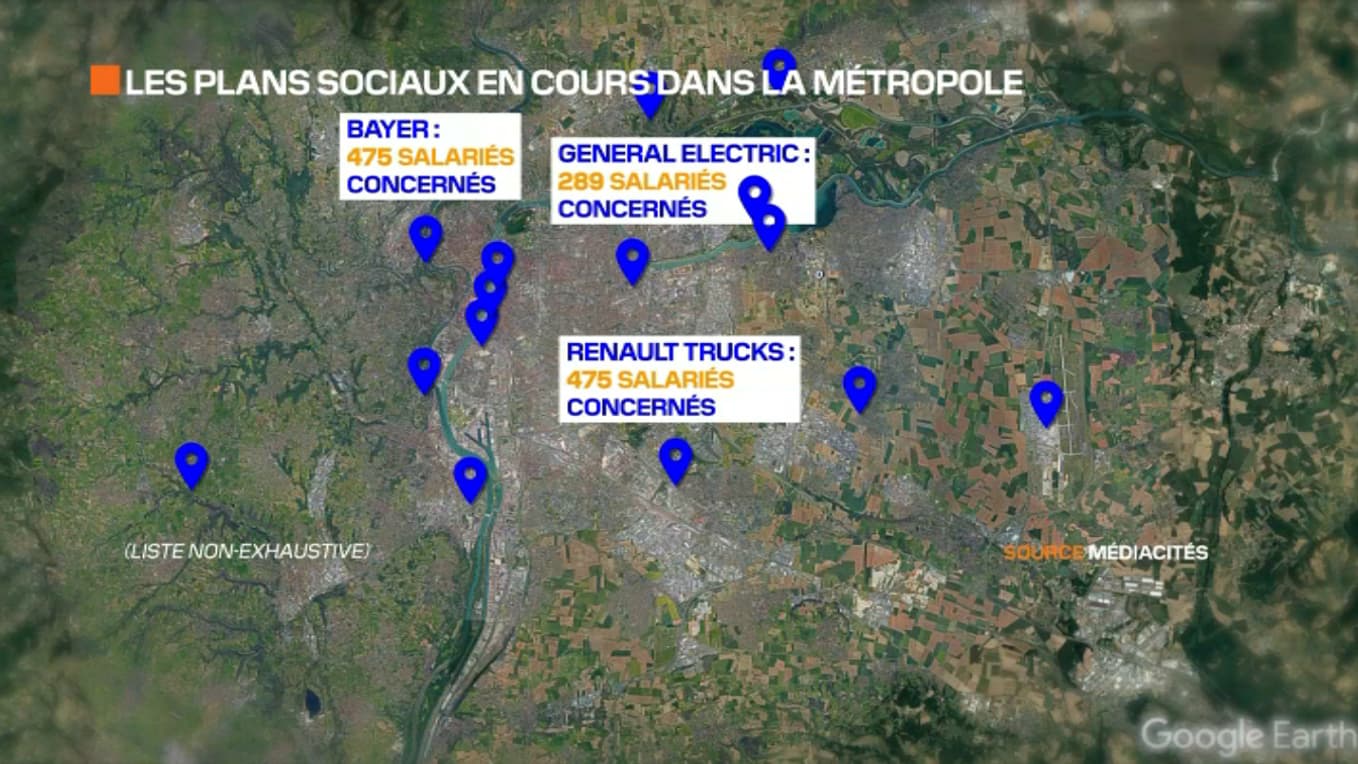 La carte des plans sociaux en cours dans la métropole lyonnaise La carte des plans sociaux en cours dans la métropole lyonnaise